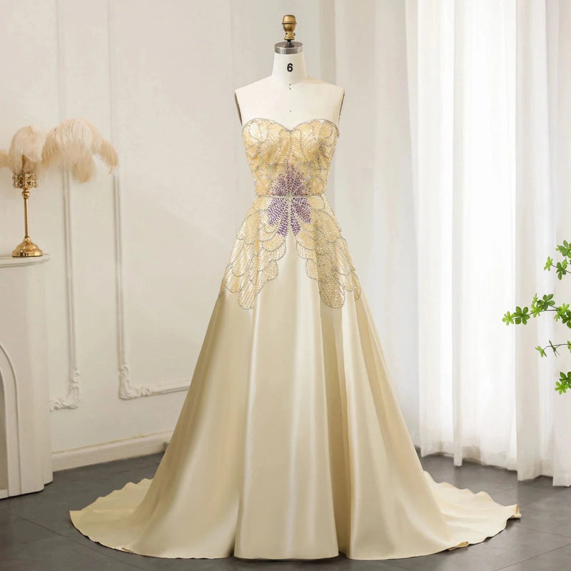 Luxury Beaded Butterfly Beige Evening Dresses for Women Wedding 2024 Elegant Sweetheart Satin Prom Party Gowns SS467