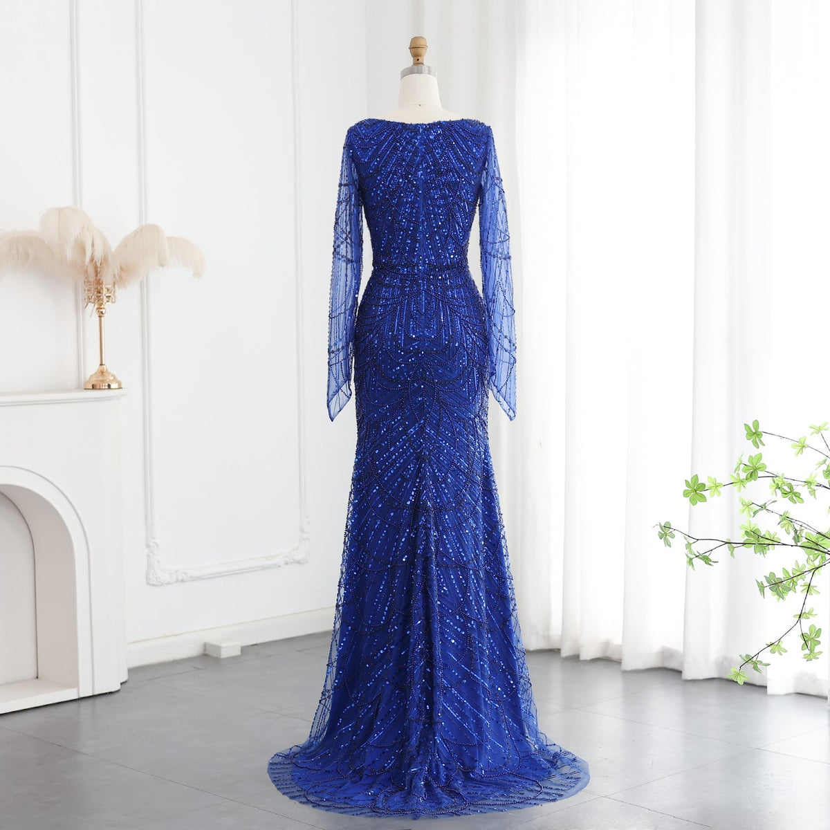 Luxury Beaded Champagne Long Sleeves Mermaid Evening Dress SS114