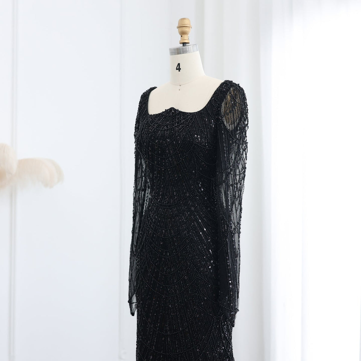 Luxury Beaded Champagne Long Sleeves Mermaid Evening Dress SS114