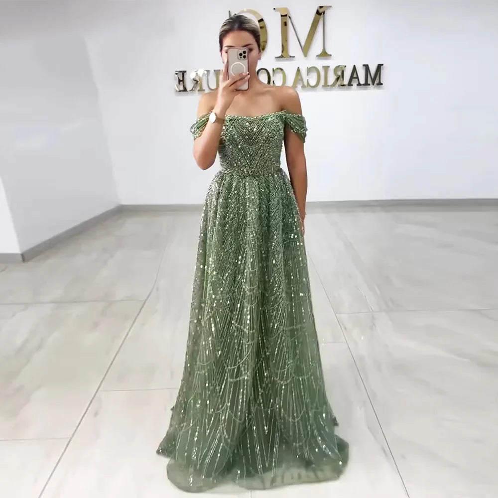 Luxury Beaded Champagne Off-Shoulder Evening Dress SS102