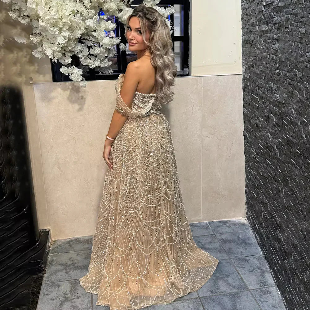 Luxury Beaded Champagne Off-Shoulder Evening Dress SS102