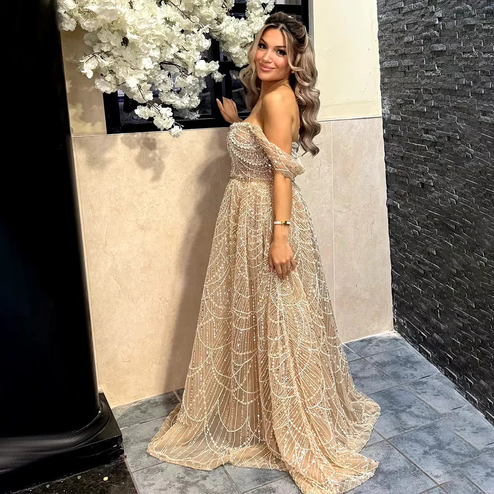 Luxury Beaded Champagne Off-Shoulder Evening Dress SS102