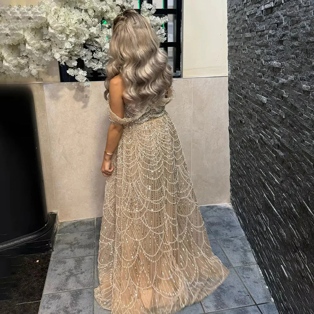 Luxury Beaded Champagne Off-Shoulder Evening Dress SS102