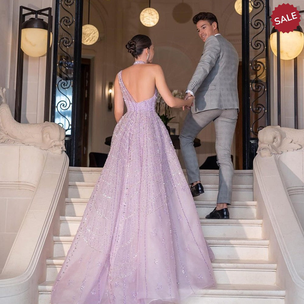 Luxury Beaded Dubai Lilac Evening Dresses for Women Wedding Party 2023 Elegant Long Arabic Prom Formal Gowns SS329