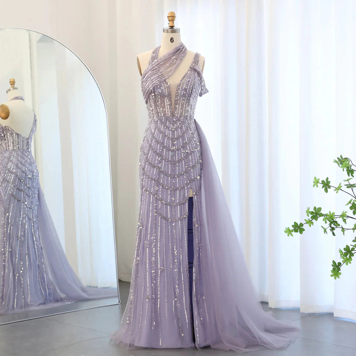 Luxury Beaded Lilac Green Mermaid Halter Evening Dress SS180