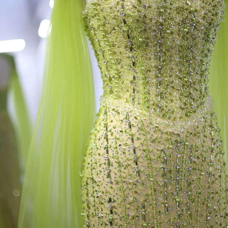 Luxury Beaded Mermaid Lime Green Evening Dress with Cape Sleeves Elegant Arabic Women Wedding Party Prom Dress SS443