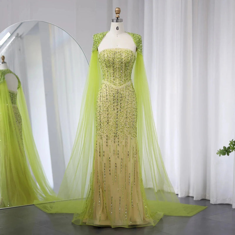 Luxury Beaded Mermaid Lime Green Evening Dress with Cape Sleeves Elegant Arabic Women Wedding Party Prom Dress SS443