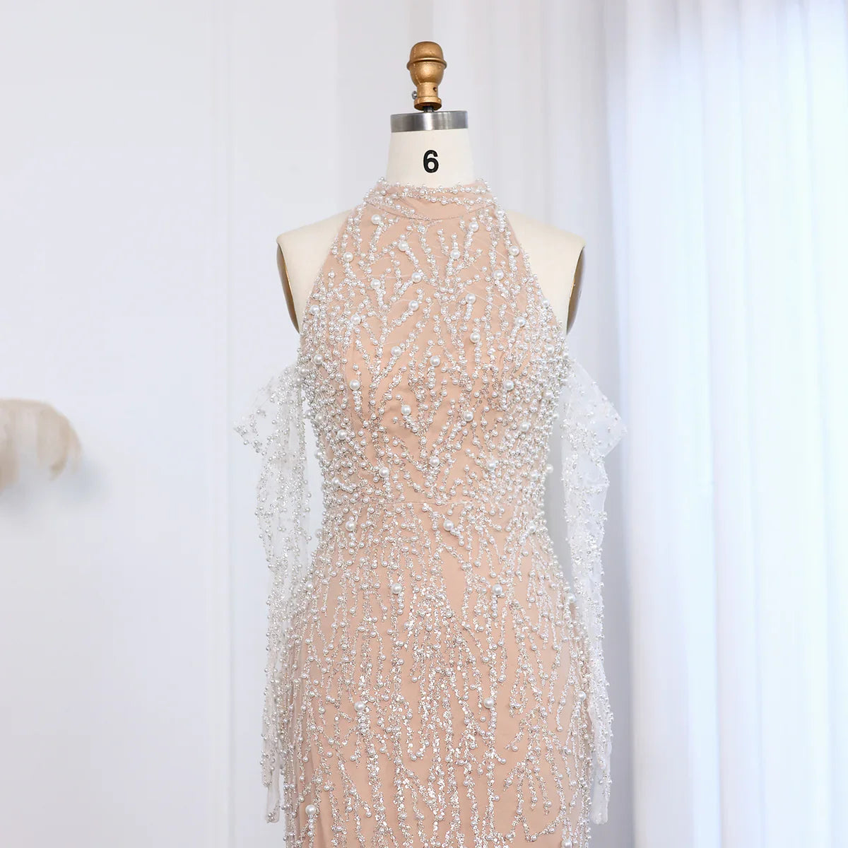 Luxury Beaded Nude Evening Dress with Gloves SS104