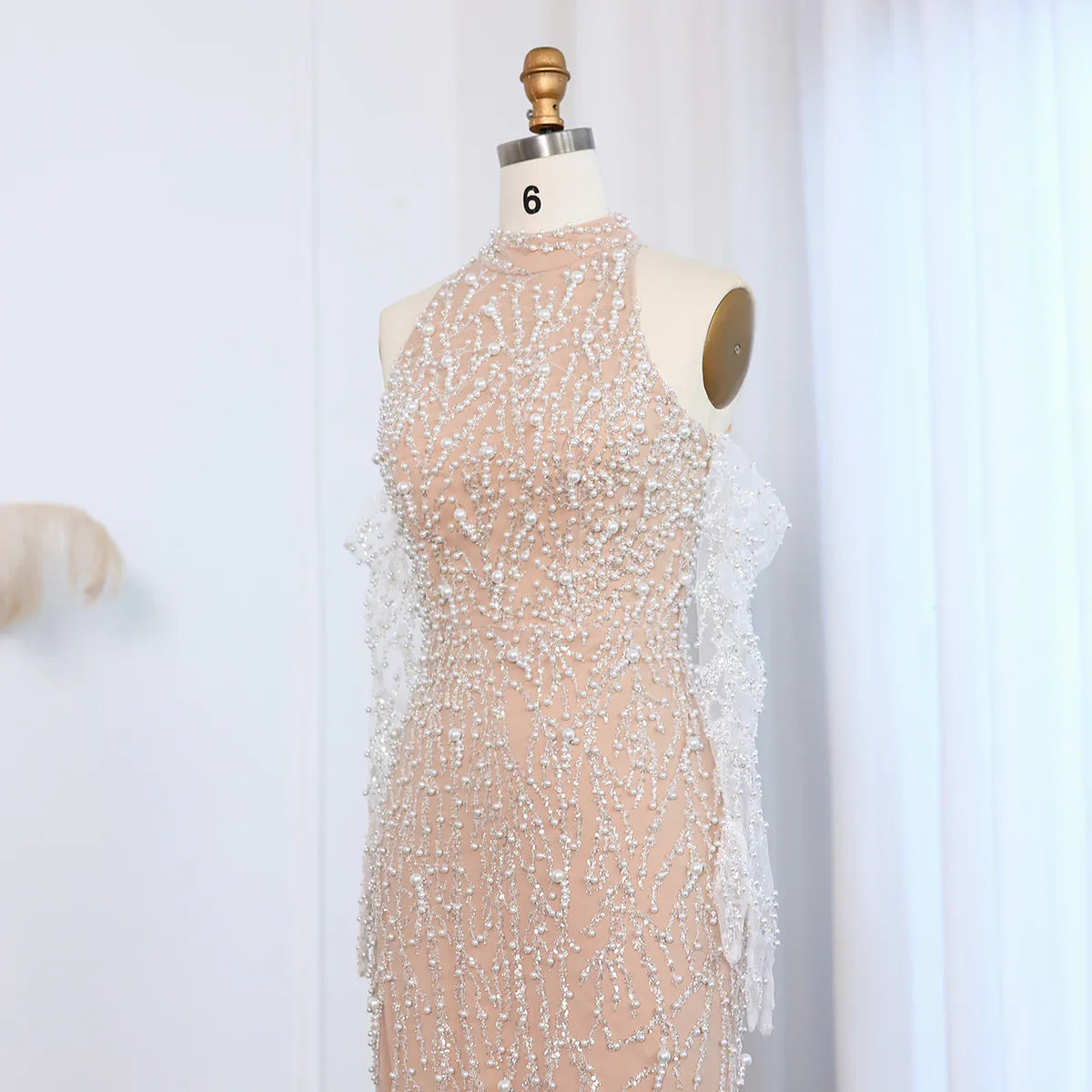 Luxury Beaded Nude Evening Dress with Gloves SS104