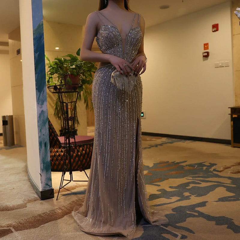 Luxury Beaded Nude Mermaid Evening Dress SS177