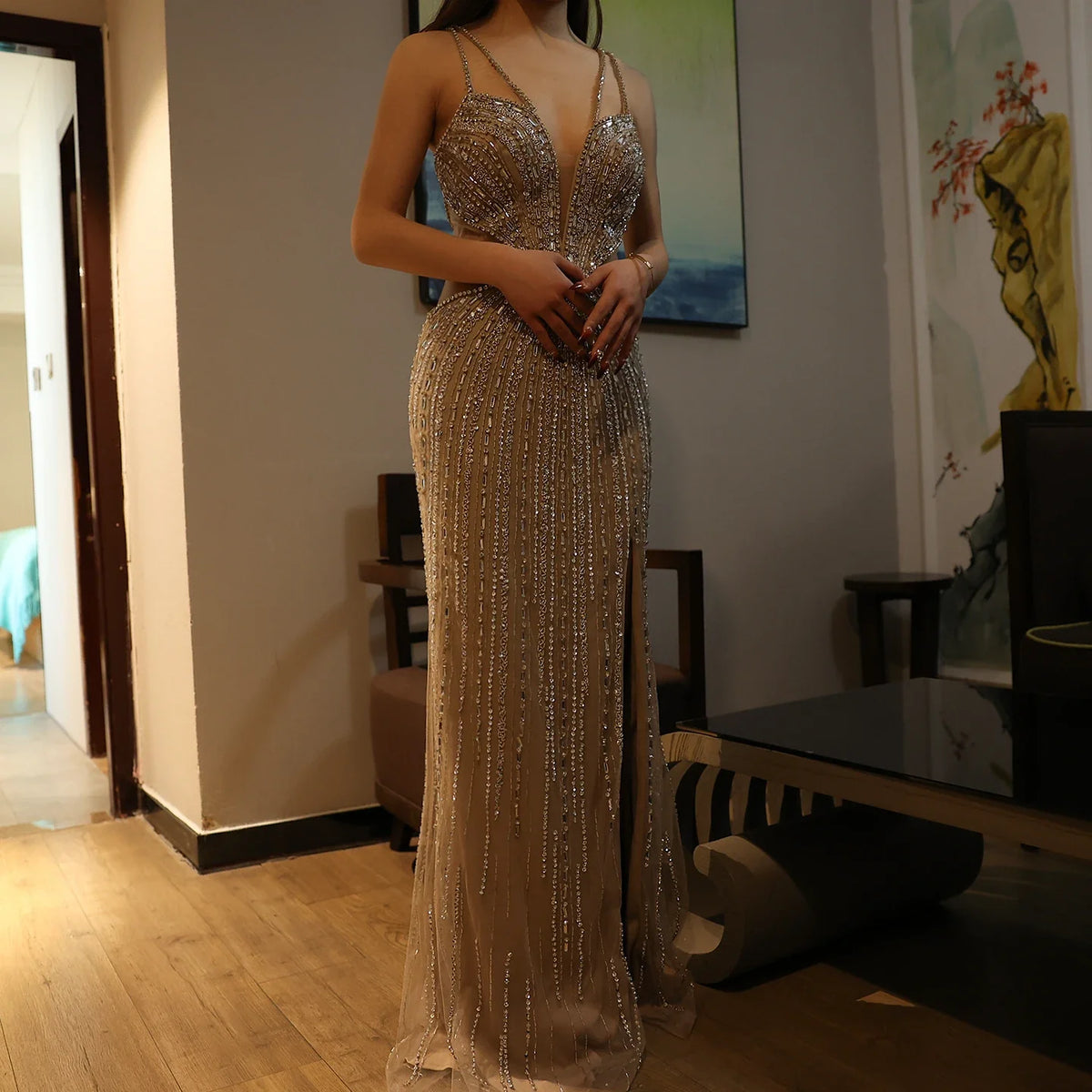 Luxury Beaded Nude Mermaid Evening Dress SS177