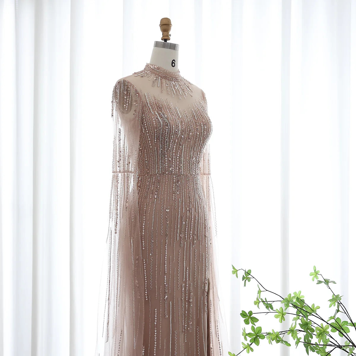 Luxury Beaded Nude Mermaid Evening Dress with Cape Sleeve SS170