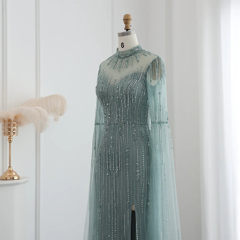 Luxury Beaded Nude Mermaid Evening Dress with Cape Sleeve SS170
