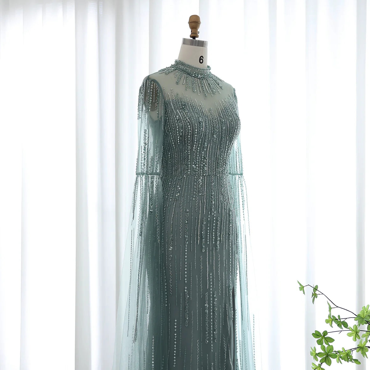 Luxury Beaded Nude Mermaid Evening Dress with Cape Sleeve SS170