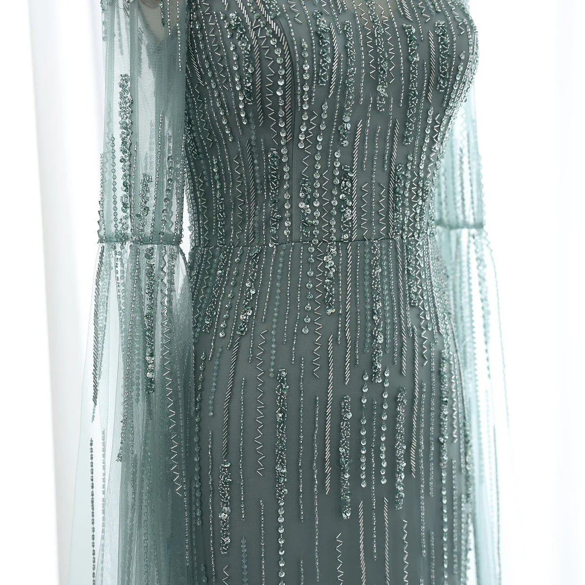 Luxury Beaded Nude Mermaid Evening Dress with Cape Sleeve SS170