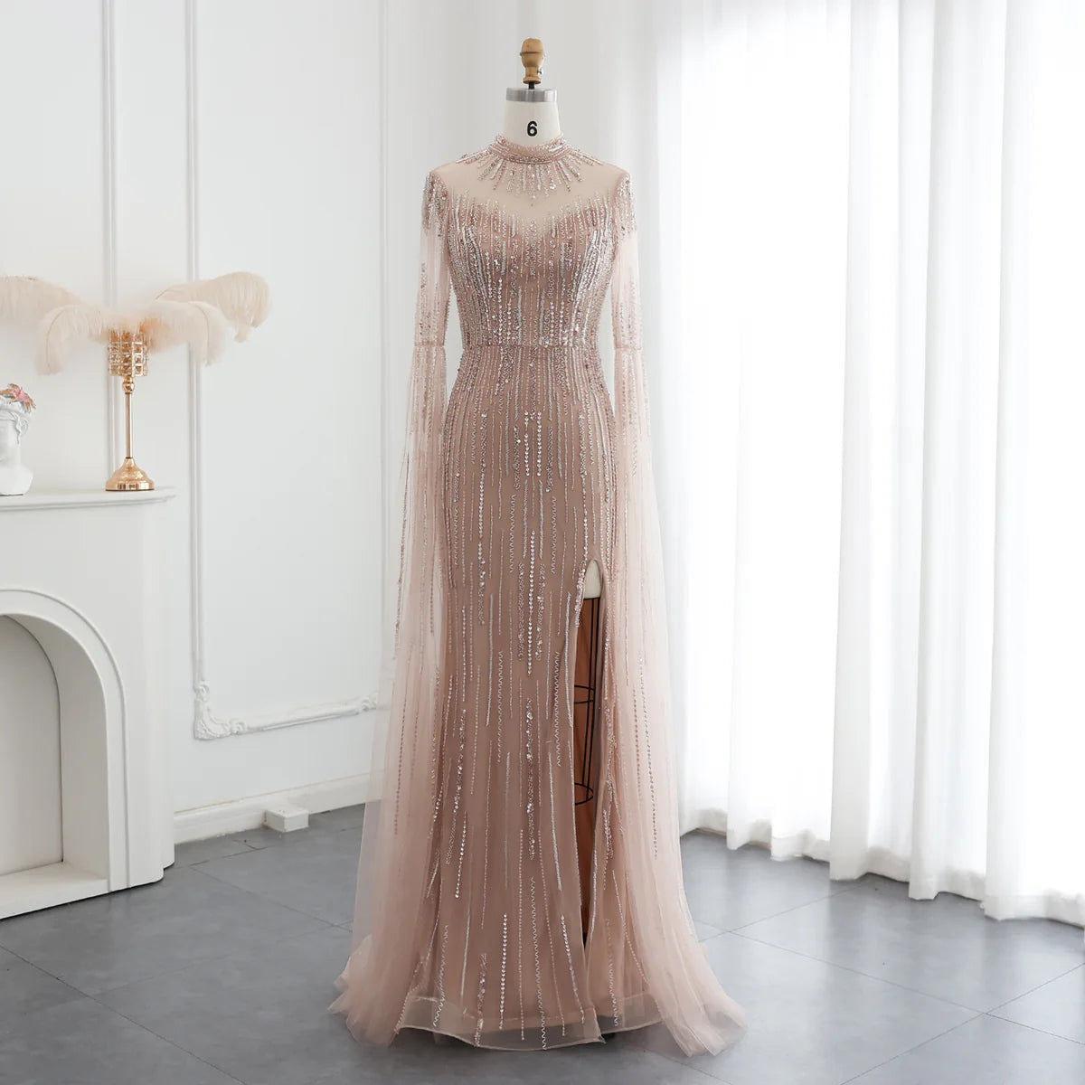 Luxury Beaded Nude Mermaid Evening Dress with Cape Sleeve SS170