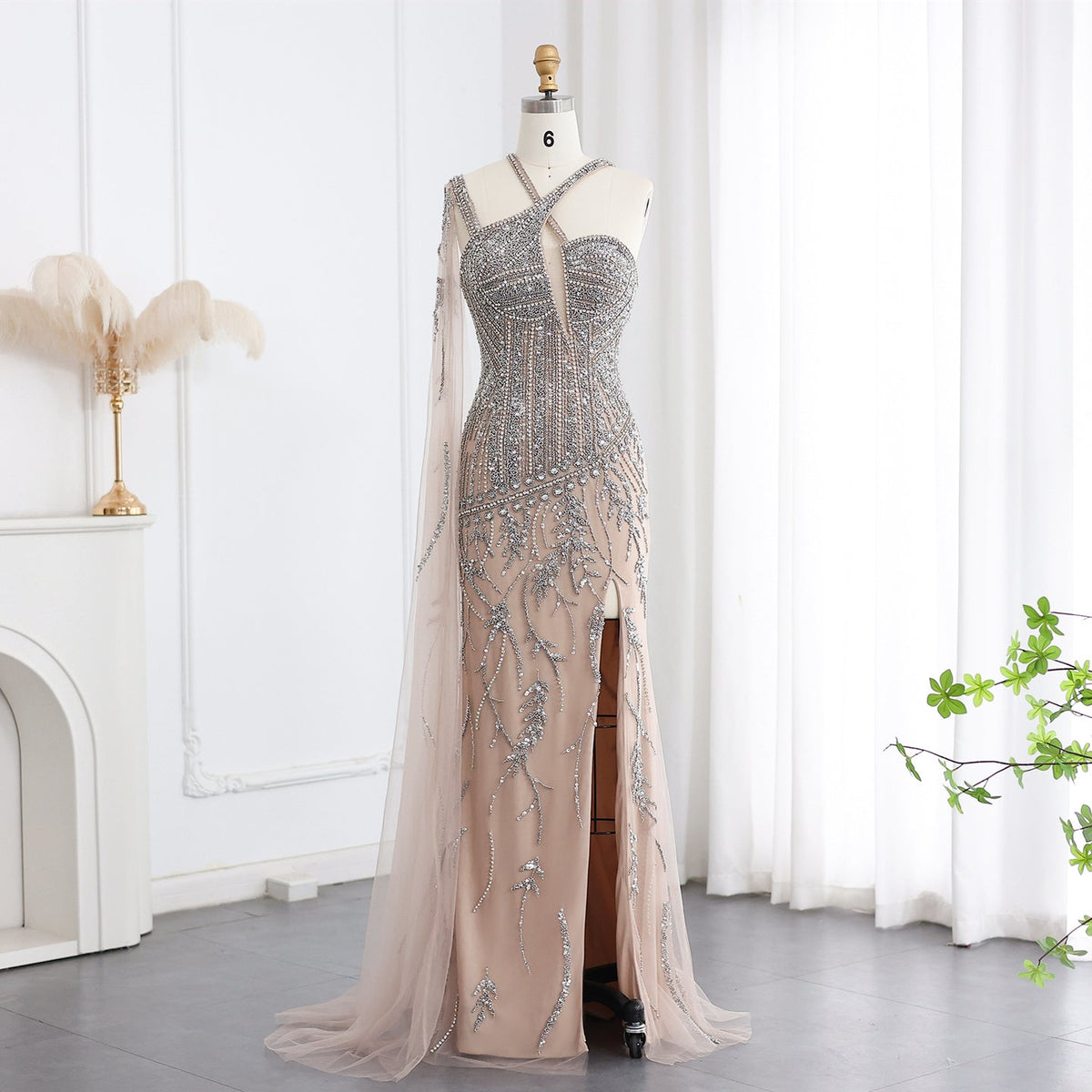 Luxury Beaded Nude One Shoulder Side Slit Evening Dress SS154