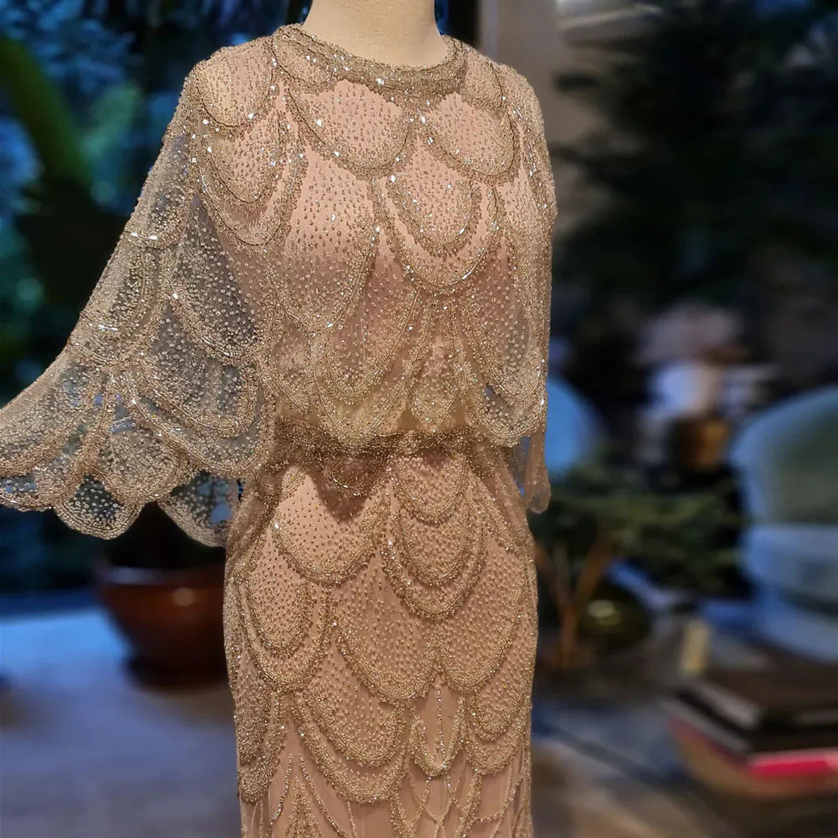 Luxury Beaded Nude Two Pieces Evening Dress SS091
