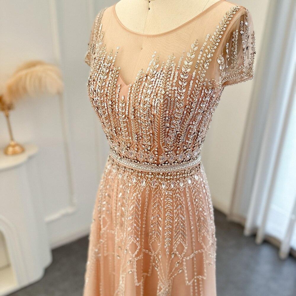 Luxury Beaded Pale Pink Long Evening Dresses for Women Wedding Elegant Gold Arabic Plus Size Formal Party Gown SS059