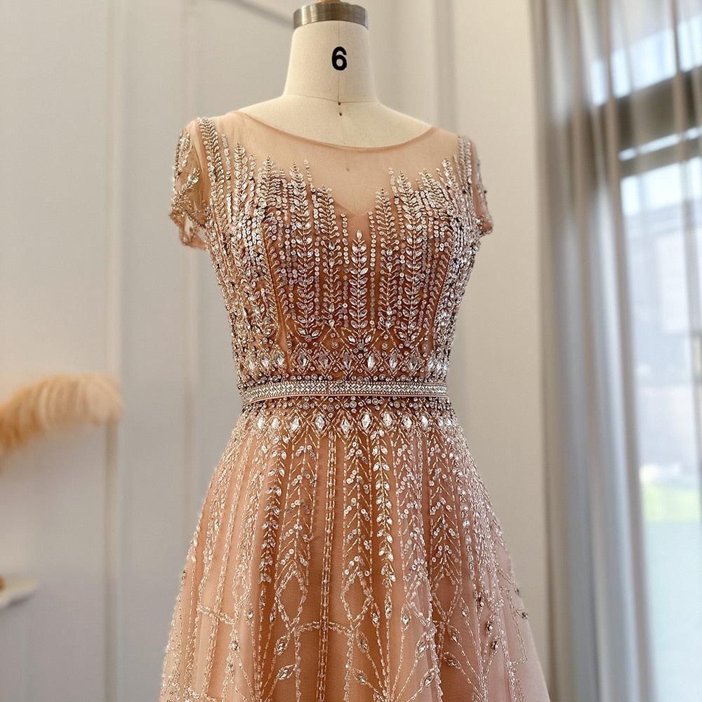 Luxury Beaded Pale Pink Long Evening Dresses for Women Wedding Elegant Gold Arabic Plus Size Formal Party Gown SS059