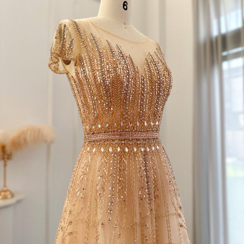 Luxury Beaded Pale Pink Long Evening Dresses for Women Wedding Elegant Gold Arabic Plus Size Formal Party Gown SS059
