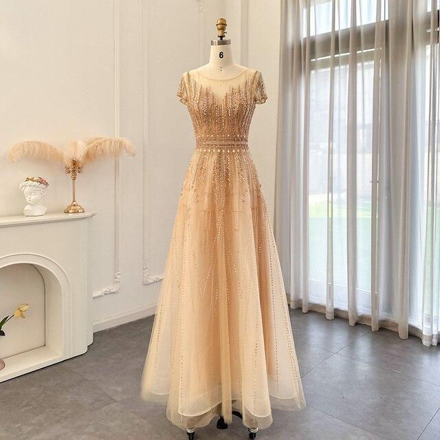 Luxury Beaded Pale Pink Long Evening Dresses for Women Wedding Elegant Gold Arabic Plus Size Formal Party Gown SS059