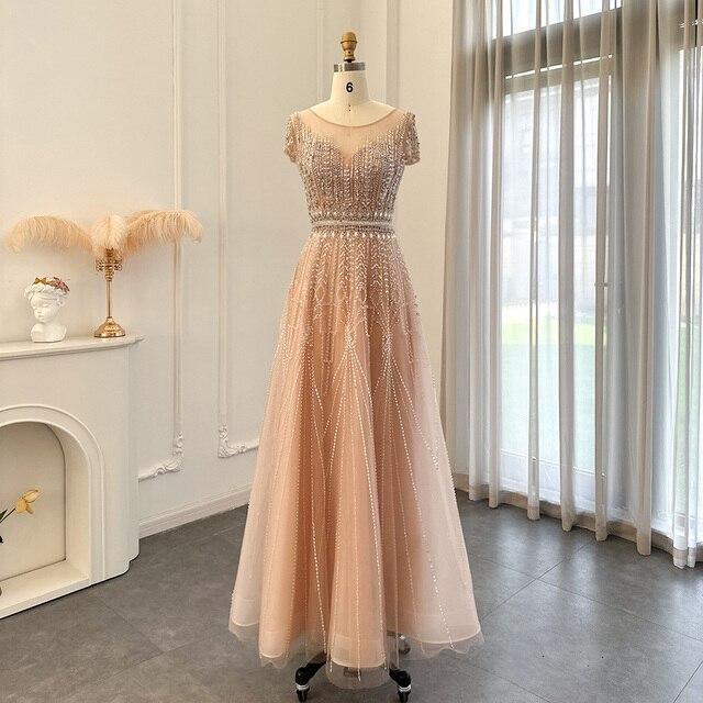 Luxury Beaded Pale Pink Long Evening Dresses for Women Wedding Elegant Gold Arabic Plus Size Formal Party Gown SS059