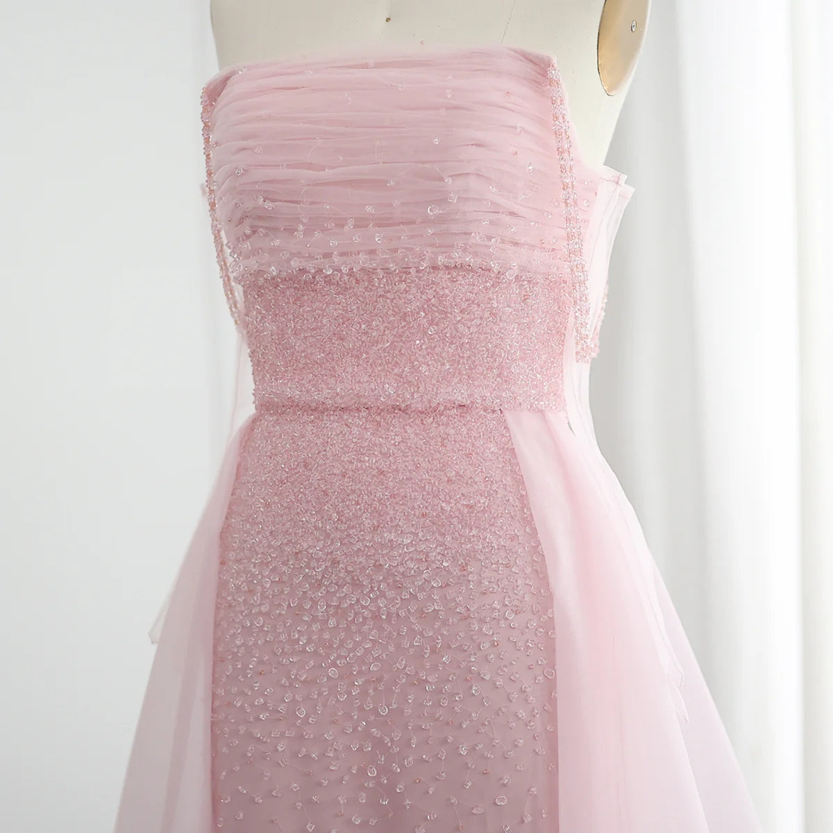 Luxury Beaded Pink Evening Dress with Overskirt Gloves SS429