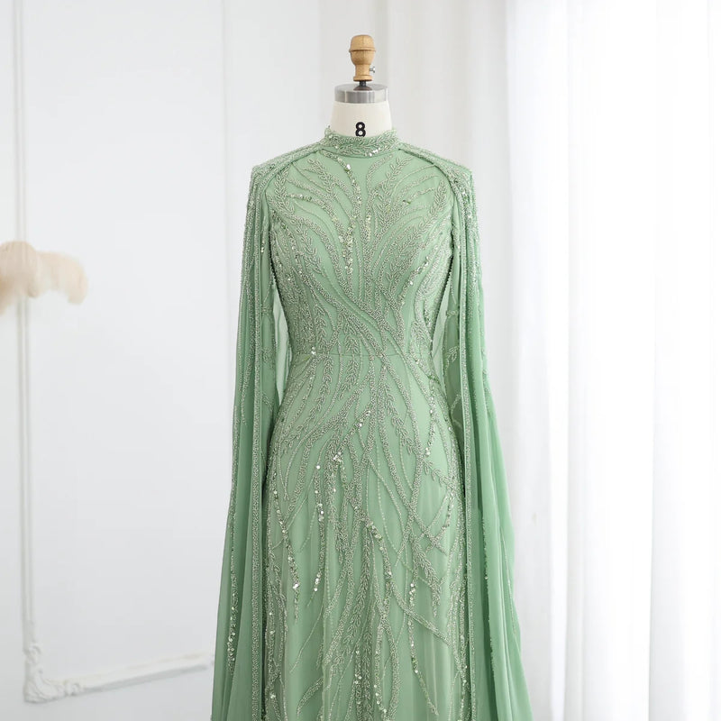 Luxury Beaded Sage Green Long Sleeves Evening Dress SS387