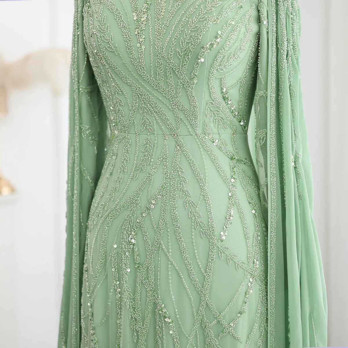 Luxury Beaded Sage Green Long Sleeves Evening Dress SS387