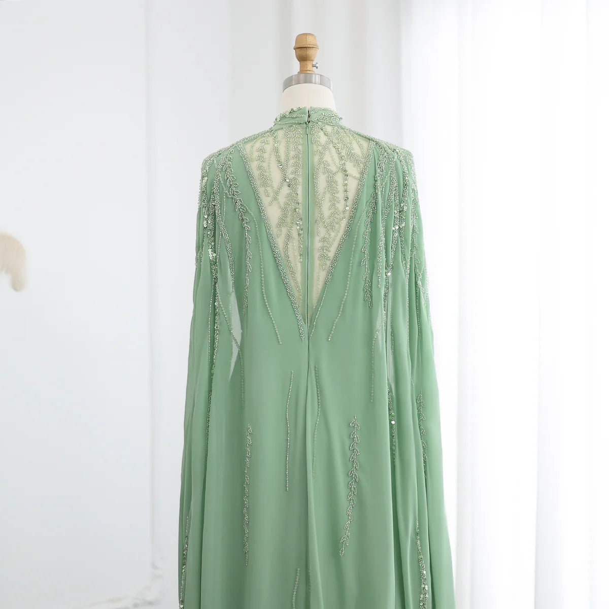 Luxury Beaded Sage Green Long Sleeves Evening Dress SS387