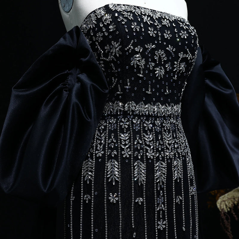 Luxury Beaded Tassel Black Evening Dress with Straps Cape SS294