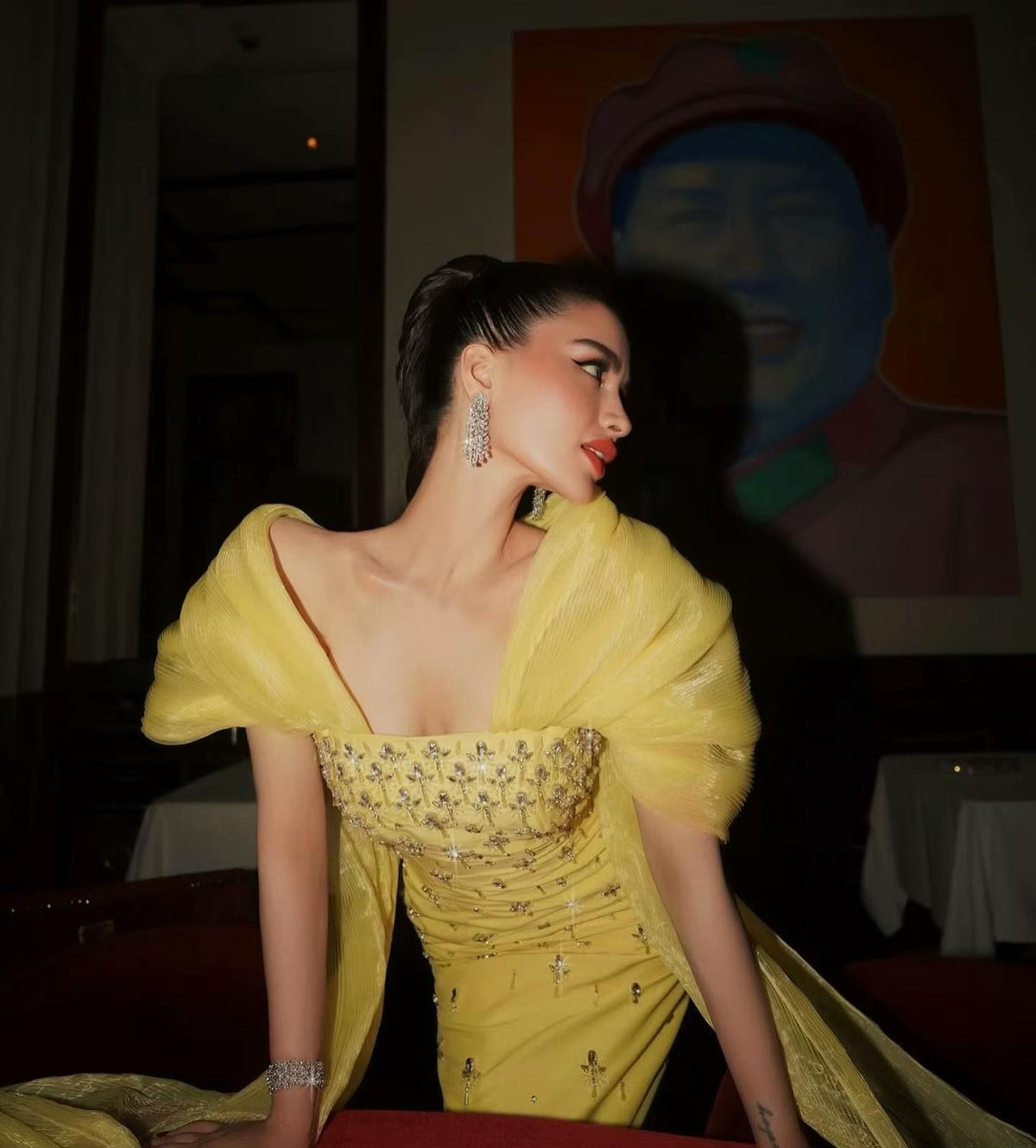 Luxury Beaded Yellow Evening Dress with Cape SS570