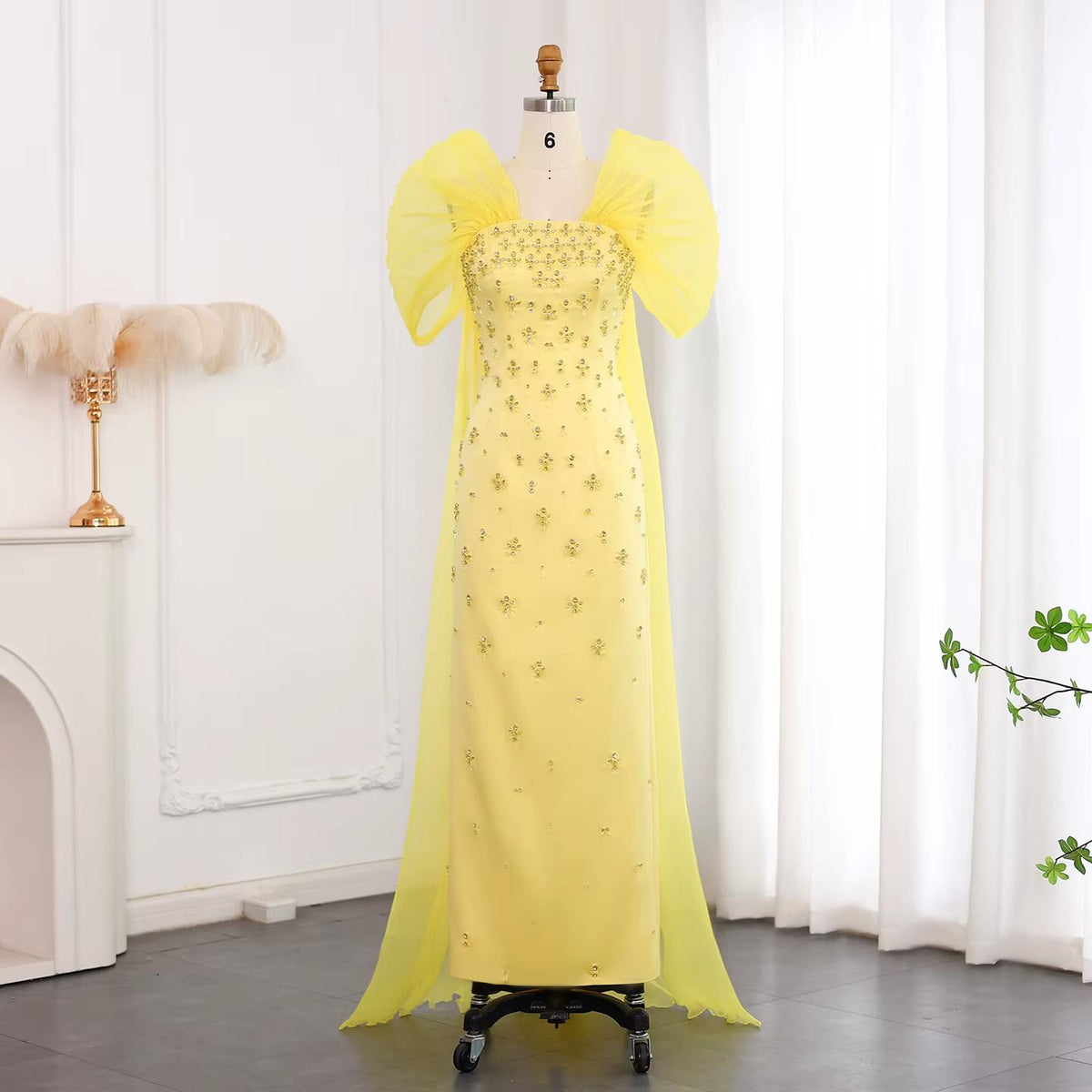 Luxury Beaded Yellow Evening Dress with Cape SS570