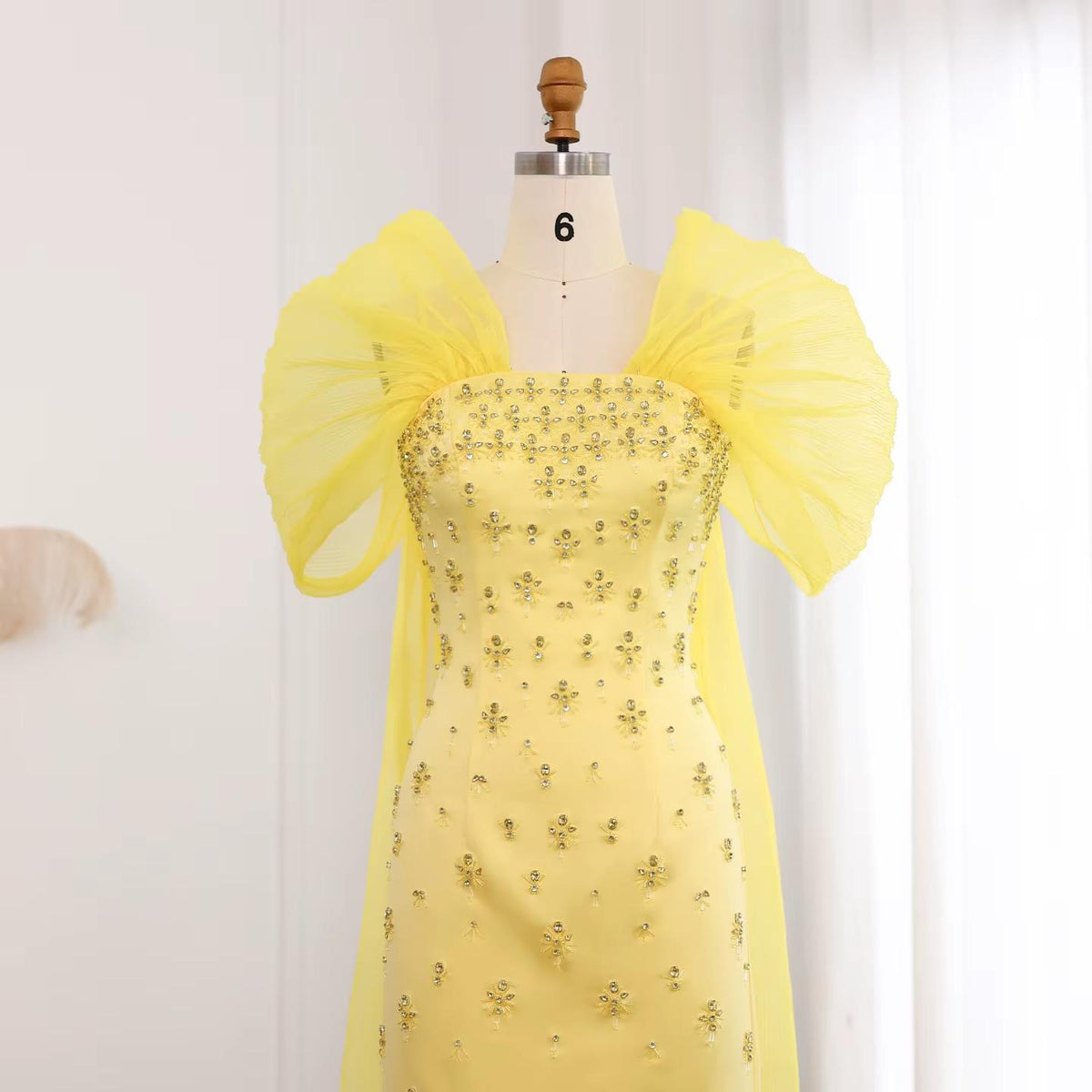 Luxury Beaded Yellow Evening Dress with Cape SS570