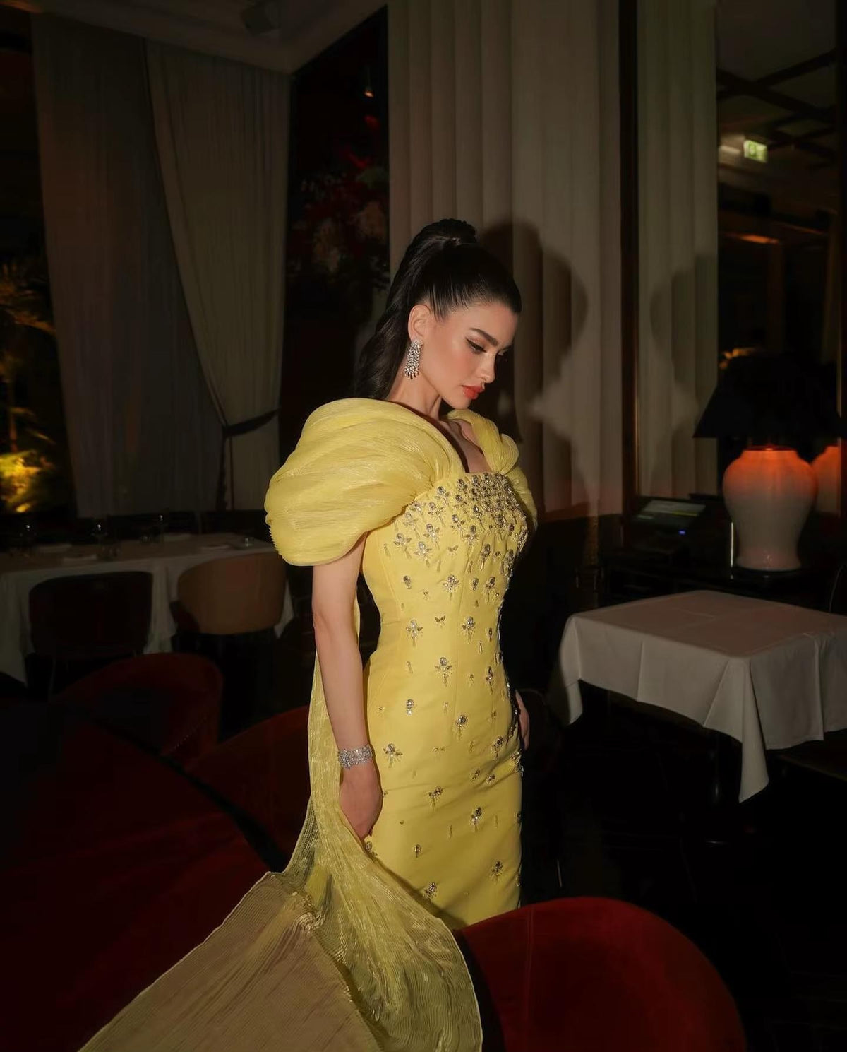 Luxury Beaded Yellow Evening Dress with Cape SS570