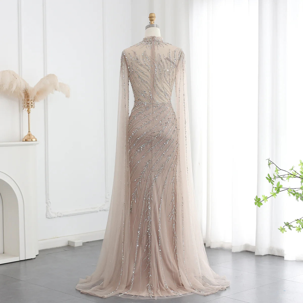 Luxury Black High Neck Evening Dress with Cape Sleeves SS162
