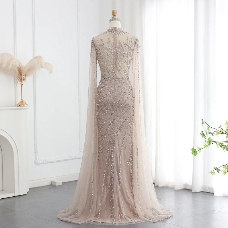 Luxury Black High Neck Evening Dress with Cape Sleeves SS162