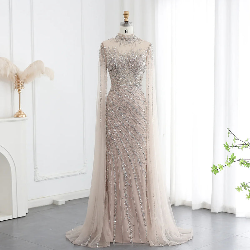 Luxury Black High Neck Evening Dress with Cape Sleeves SS162