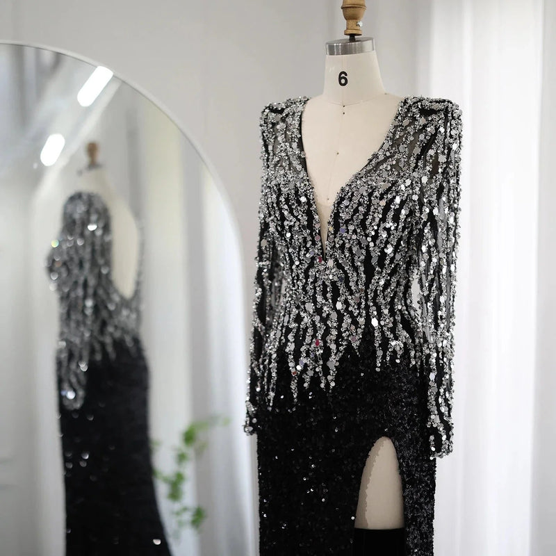 Luxury Black Mermaid Dubai Evening Dresses Elegant V-Neck Long Sleeves Arabic Women Formal Party Gowns SS250
