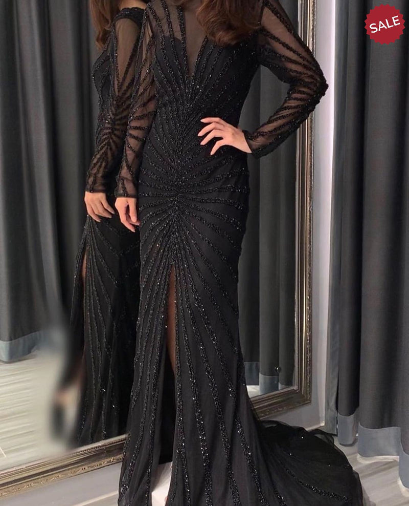 Luxury Black Mermaid Long Sleeve Arabic Evening Dress for Women Party Formal Dresses Front Split Dubai Graduation Prom Dress SS113