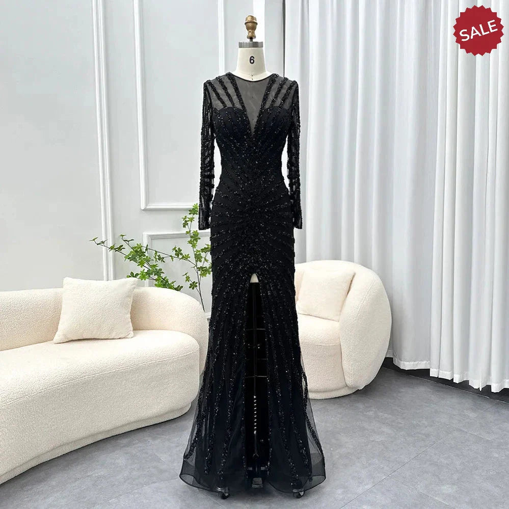 Luxury Black Mermaid Long Sleeve Arabic Evening Dress for Women Party Formal Dresses Front Split Dubai Graduation Prom Dress SS113