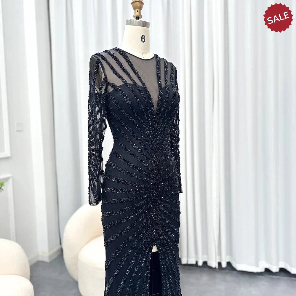 Luxury Black Mermaid Long Sleeve Arabic Evening Dress for Women Party Formal Dresses Front Split Dubai Graduation Prom Dress SS113