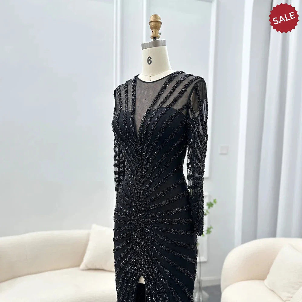 Luxury Black Mermaid Long Sleeve Arabic Evening Dress for Women Party Formal Dresses Front Split Dubai Graduation Prom Dress SS113