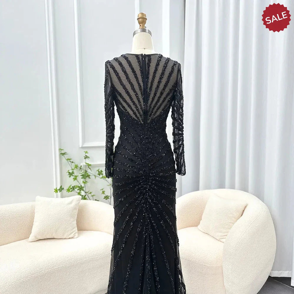 Luxury Black Mermaid Long Sleeve Arabic Evening Dress for Women Party Formal Dresses Front Split Dubai Graduation Prom Dress SS113