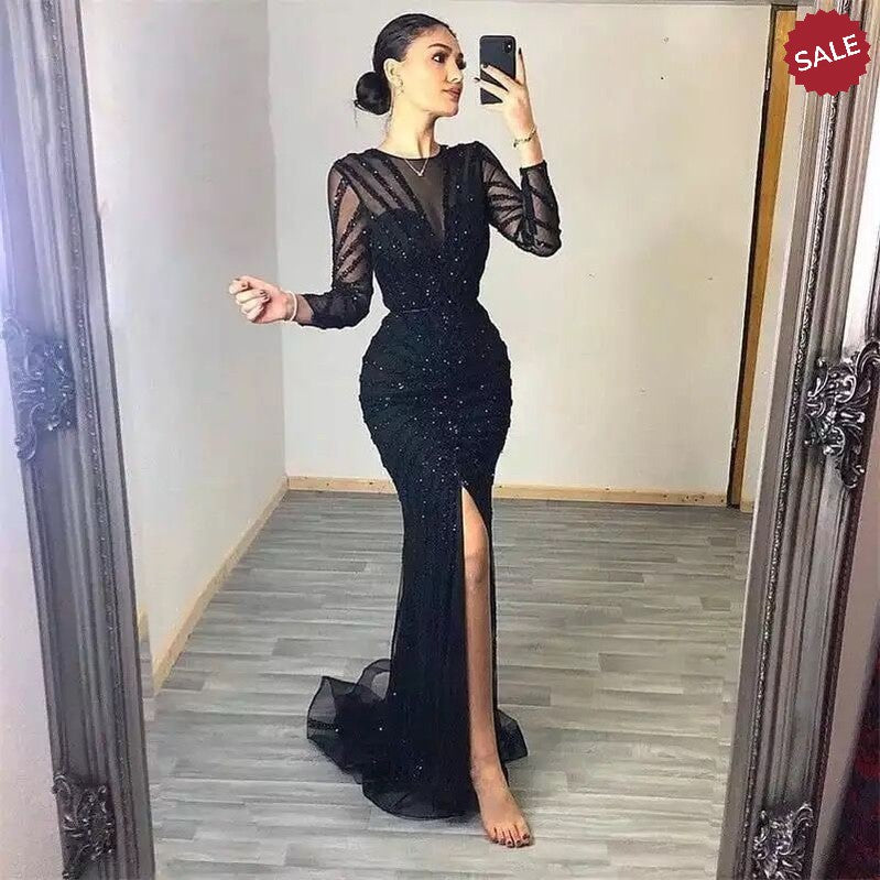 Luxury Black Mermaid Long Sleeve Arabic Evening Dress for Women Party Formal Dresses Front Split Dubai Graduation Prom Dress SS113