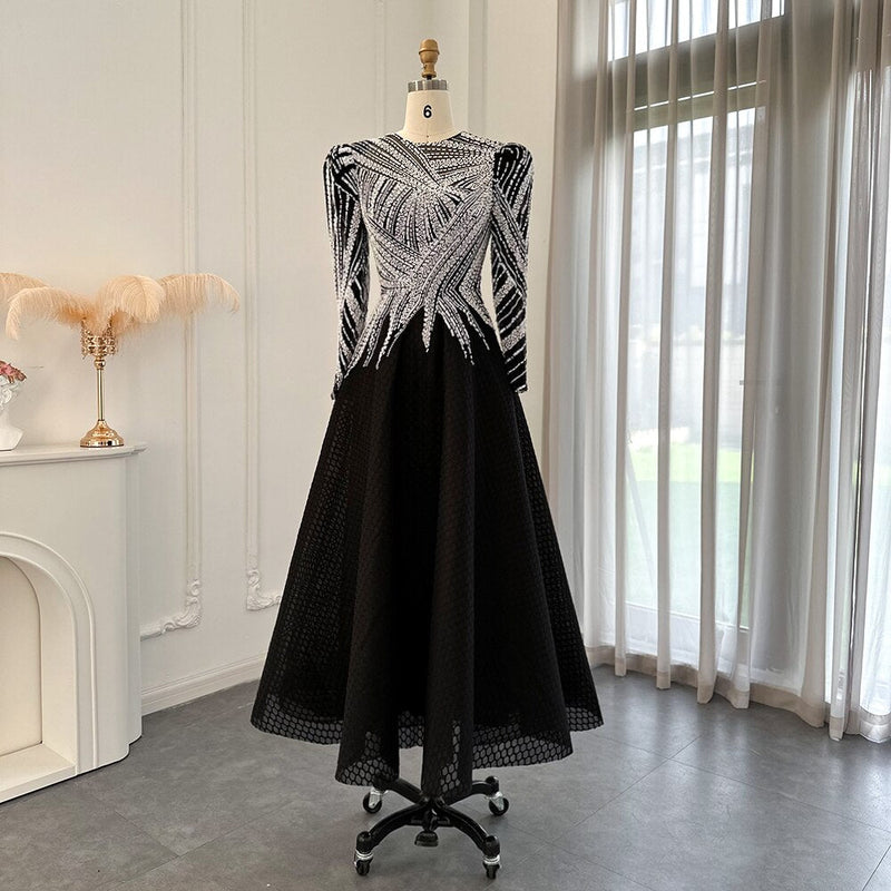 Luxury Black Short Muslim Evening Dress Long Sleeve 2023 Elegant A-Line Arabic Women Party Prom Formal Dresses SS212
