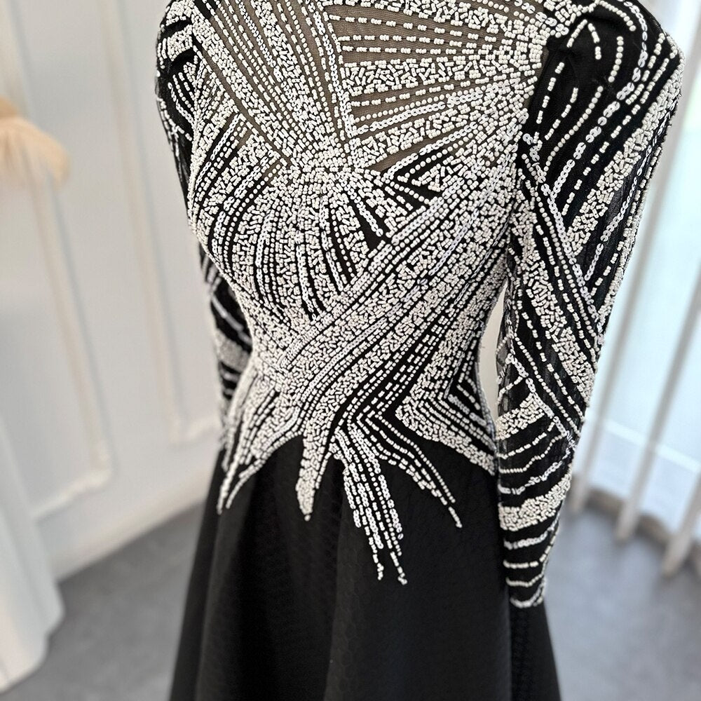 Luxury Black Short Muslim Evening Dress Long Sleeve 2023 Elegant A-Line Arabic Women Party Prom Formal Dresses SS212