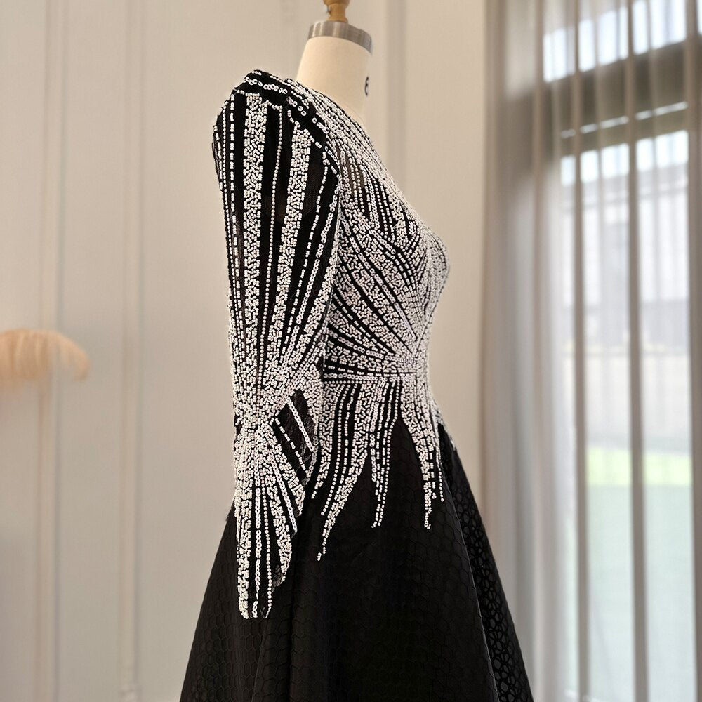 Luxury Black Short Muslim Evening Dress Long Sleeve 2023 Elegant A-Line Arabic Women Party Prom Formal Dresses SS212