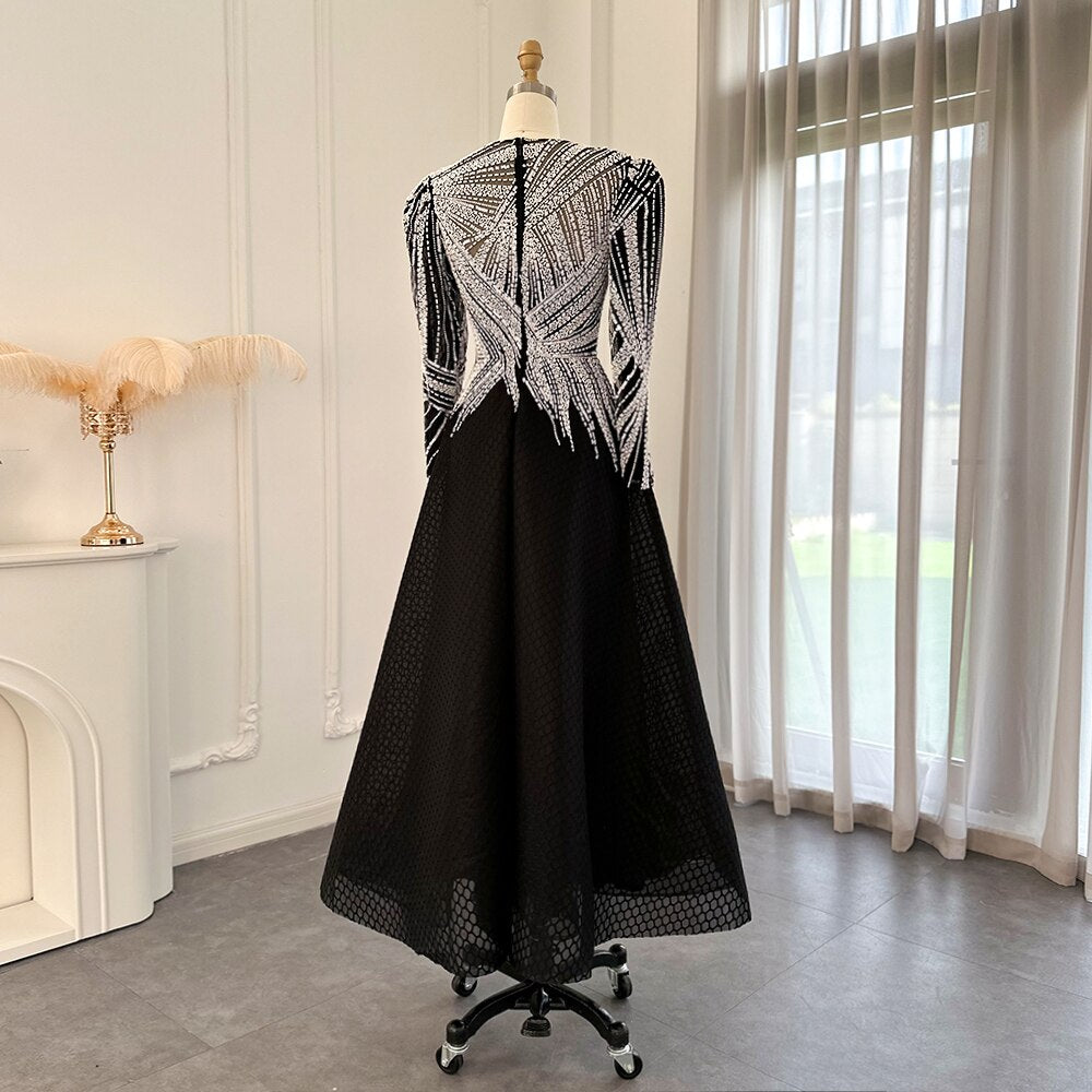 Luxury Black Short Muslim Evening Dress Long Sleeve 2023 Elegant A-Line Arabic Women Party Prom Formal Dresses SS212